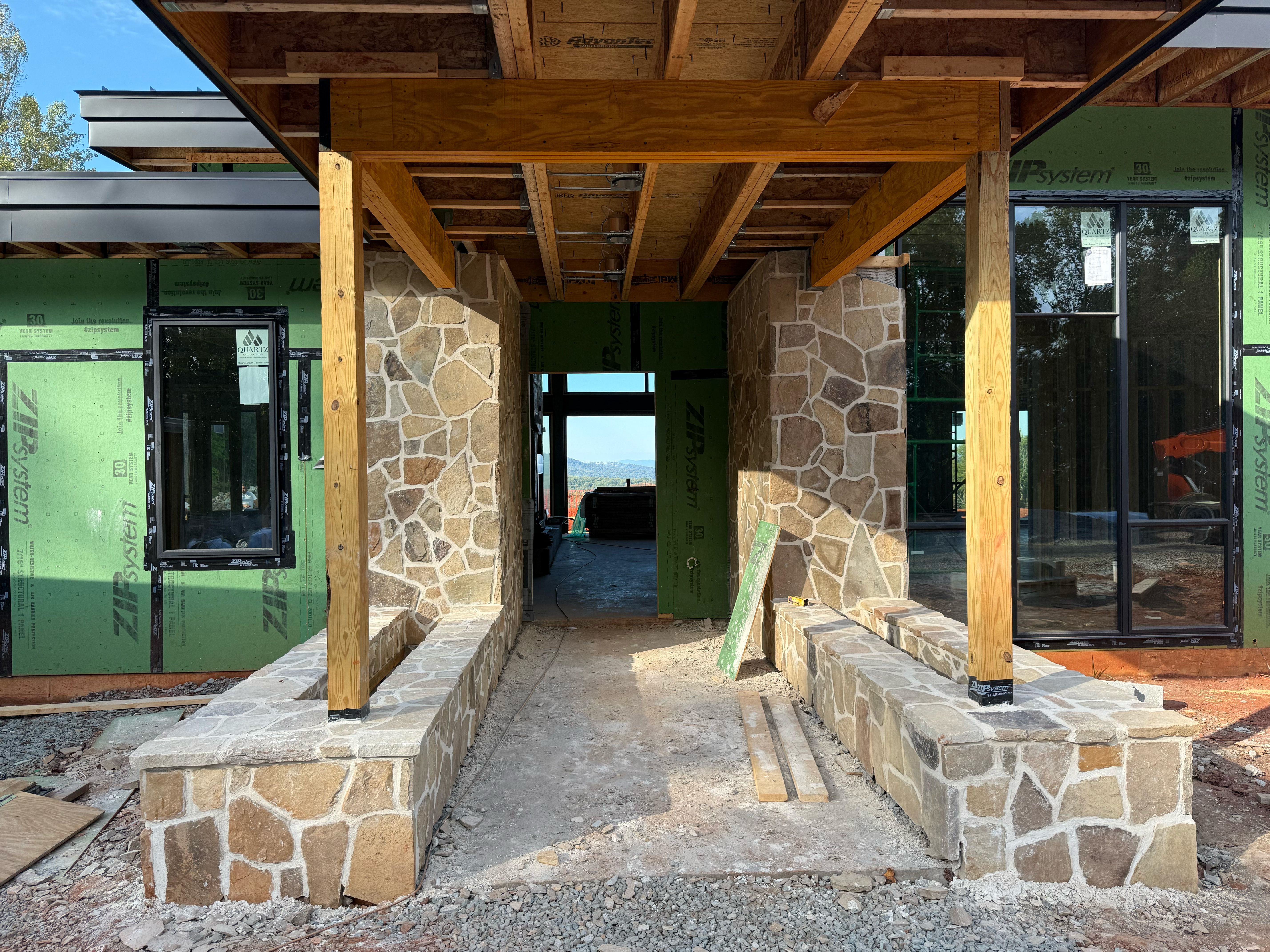 Construction of a homes front entry with stone